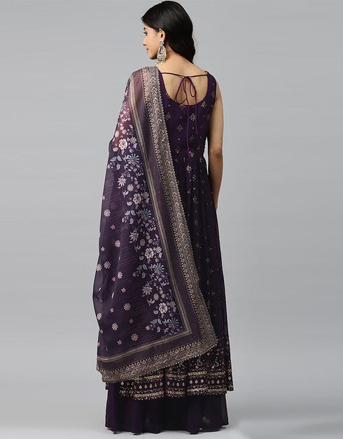 Designer Party Wear Heavy Readymade Gown With Sharara Collection Purple Georgette Sharara Gown Back View